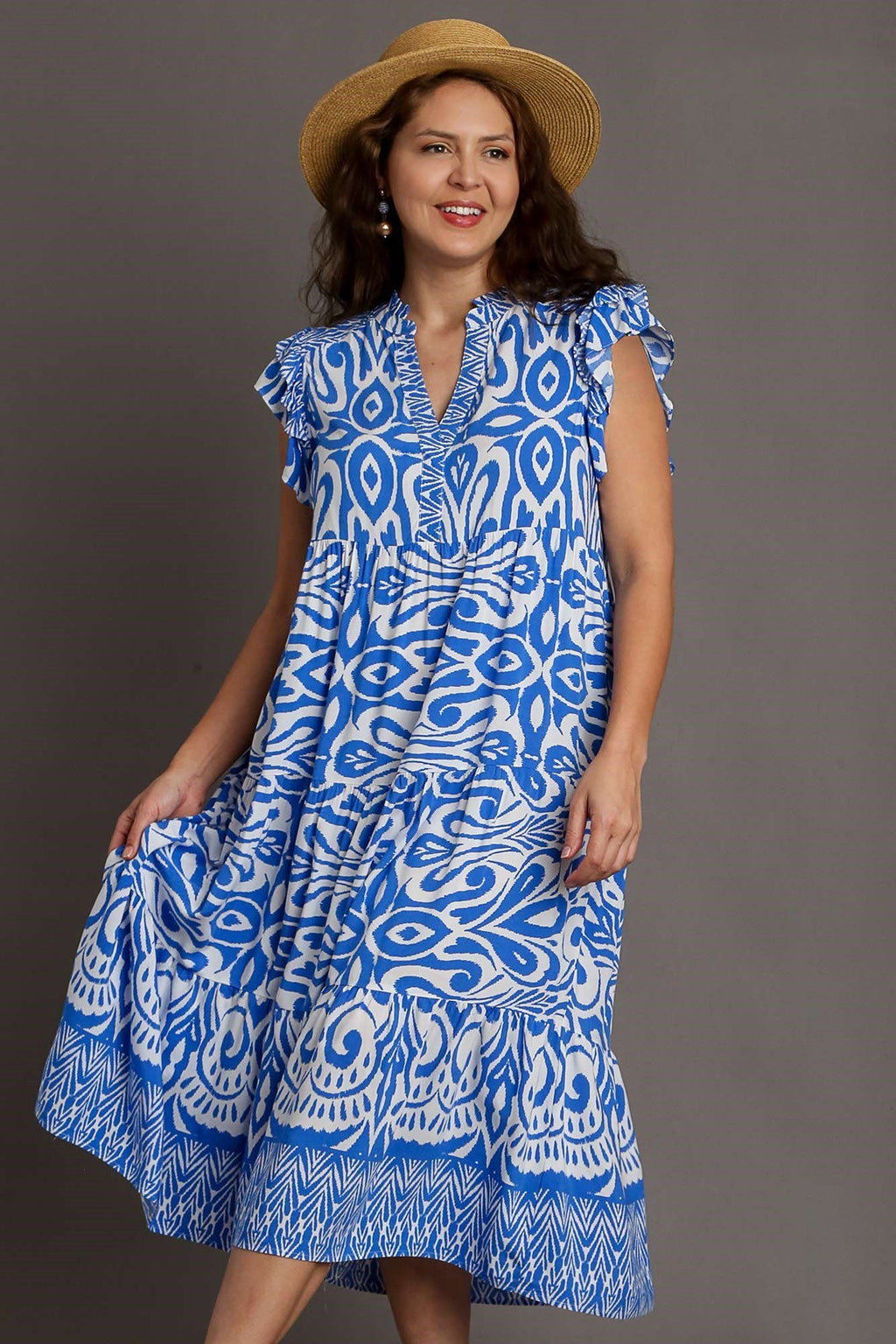 Blue Two-Tone Abstract Print Ruffle Cap Sleeve Midi Dress