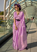 Lavender katan silk saree with zari weaving details