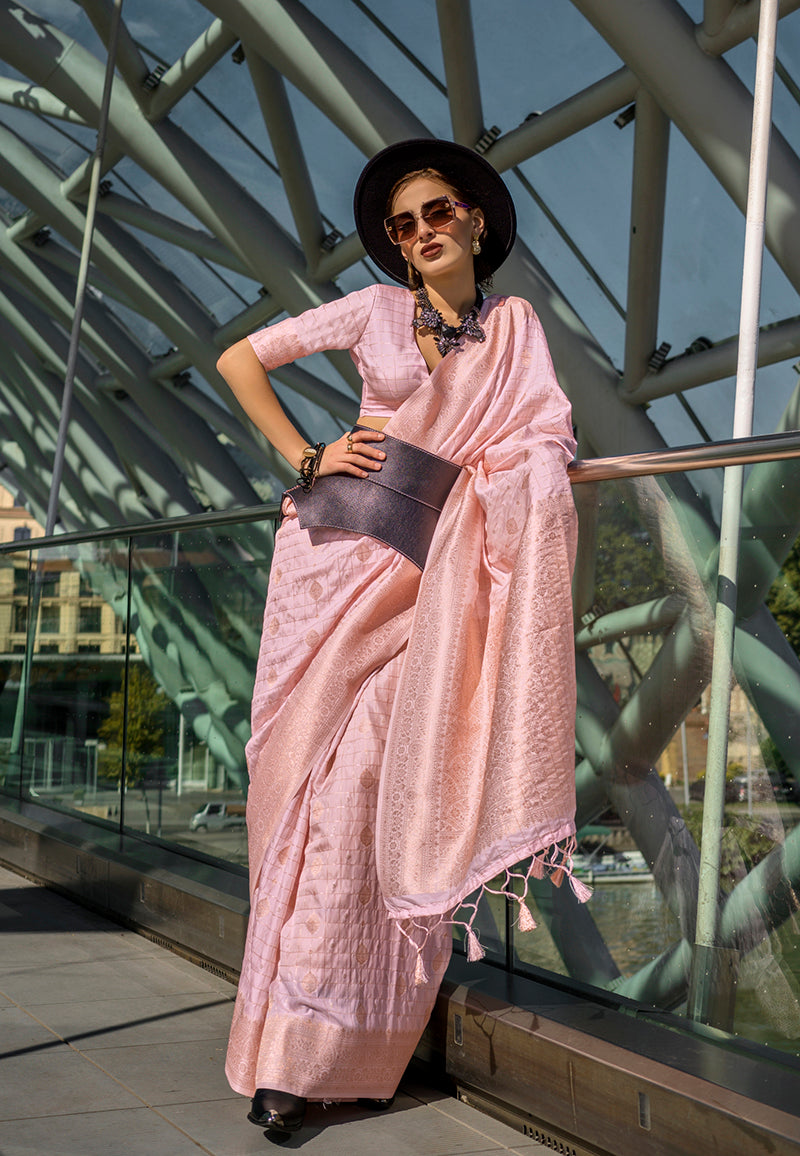 Light Pink Katan Silk Saree featuring detailed Zari embroidery.