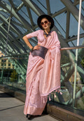Light Pink Katan Silk Saree featuring detailed Zari embroidery.