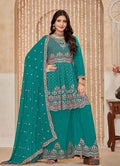 Turquoise readymade Chinnon salwar kameez with embroidery