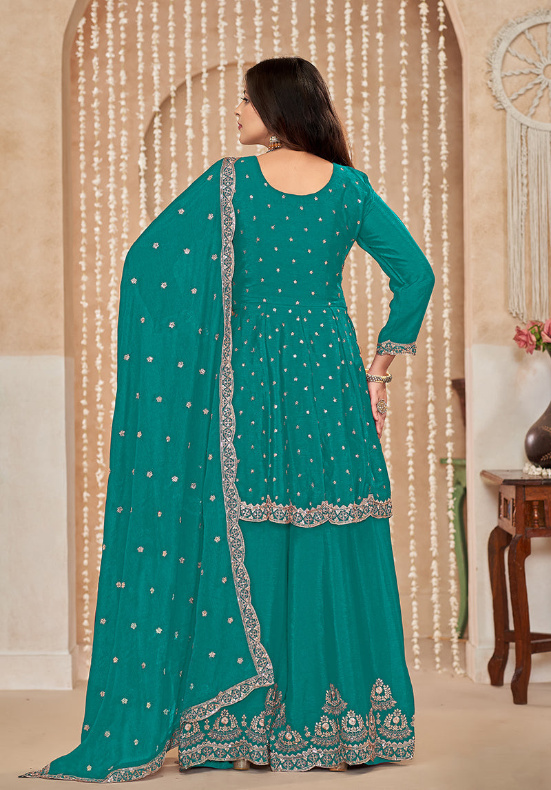 Turquoise Embroidered Chinnon Readymade Salwar Kameez