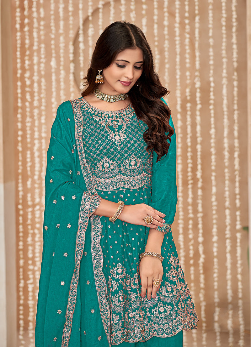 Turquoise Embroidered Chinnon Readymade Salwar Kameez