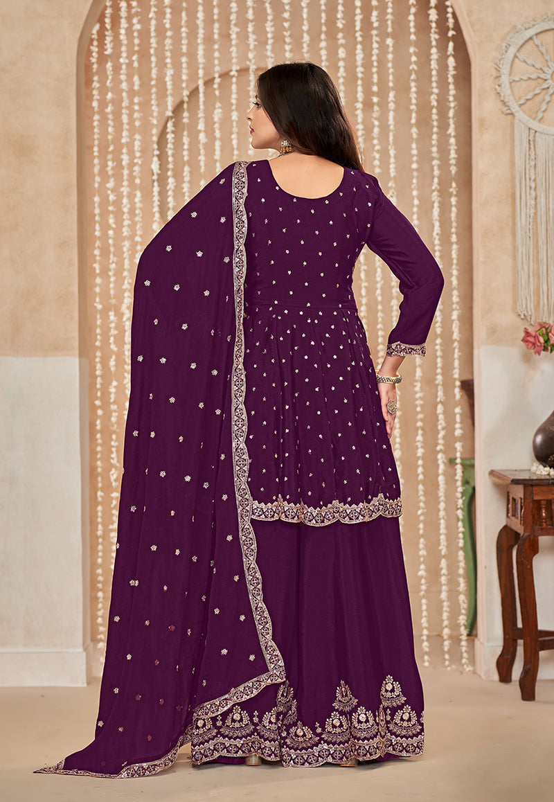 Wine Color Chinnon Embroidered Readymade Salwar Suit