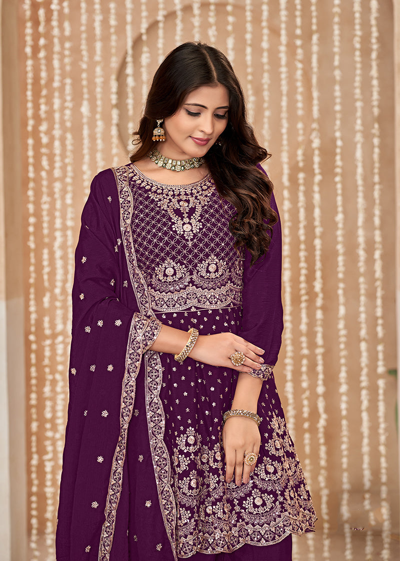 Wine Color Chinnon Embroidered Readymade Salwar Suit
