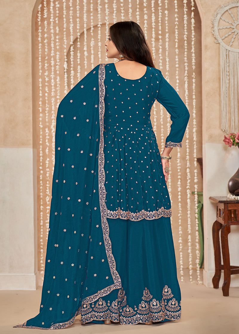 Teal-Blue Embroidered Chinnon Santoon Salwar Suit Set