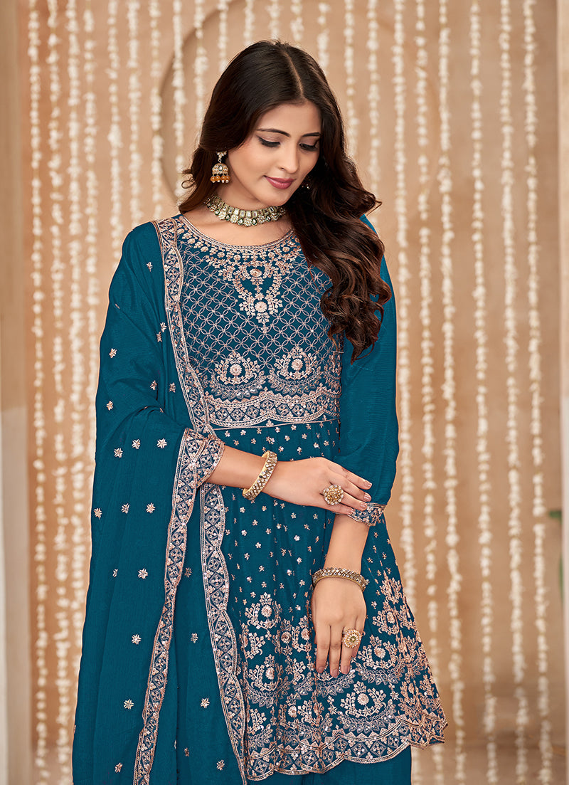 Teal-Blue Embroidered Chinnon Santoon Salwar Suit Set