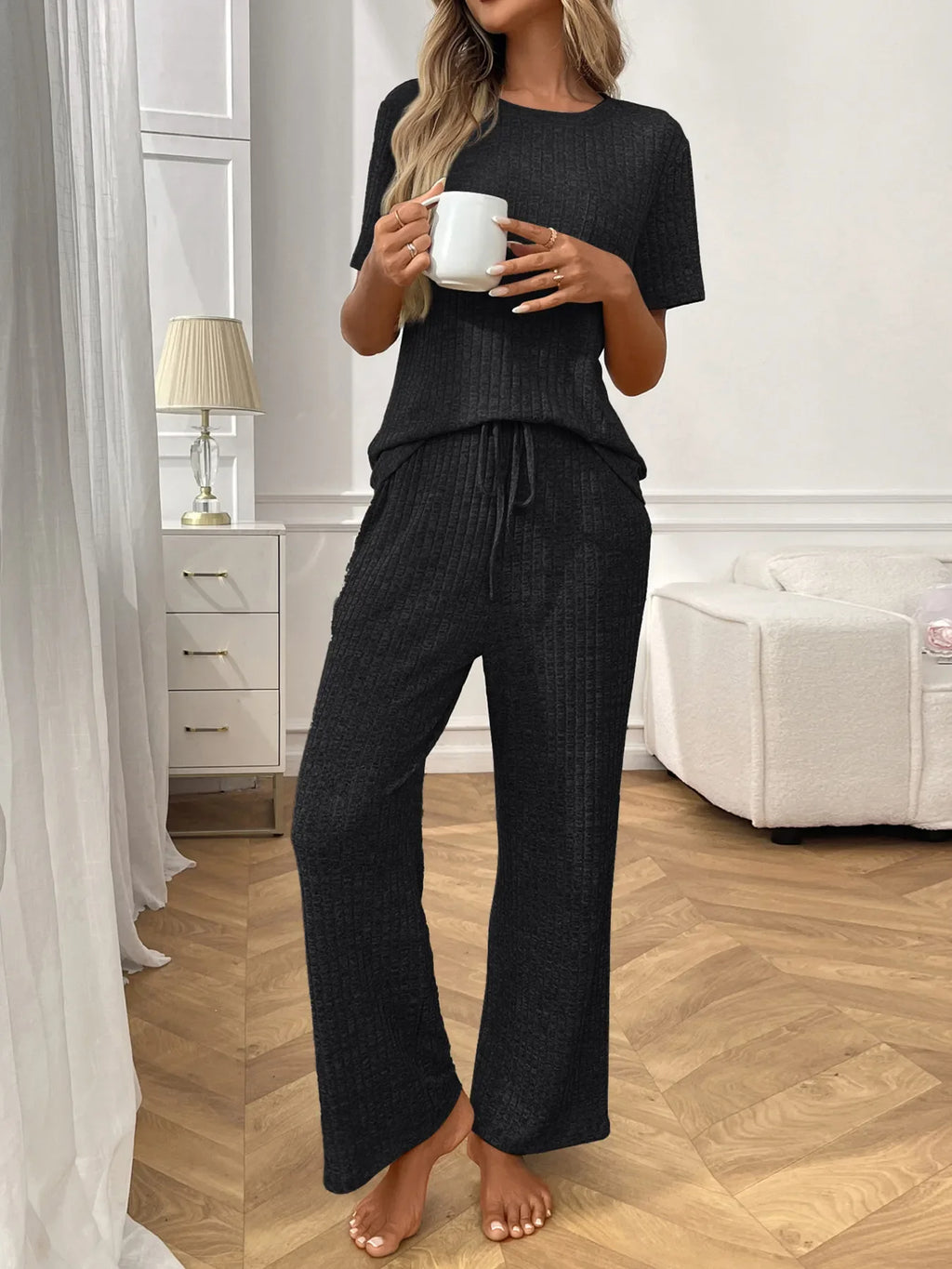 Ribbed Knit Short Sleeve Top and Pants Lounge Set
