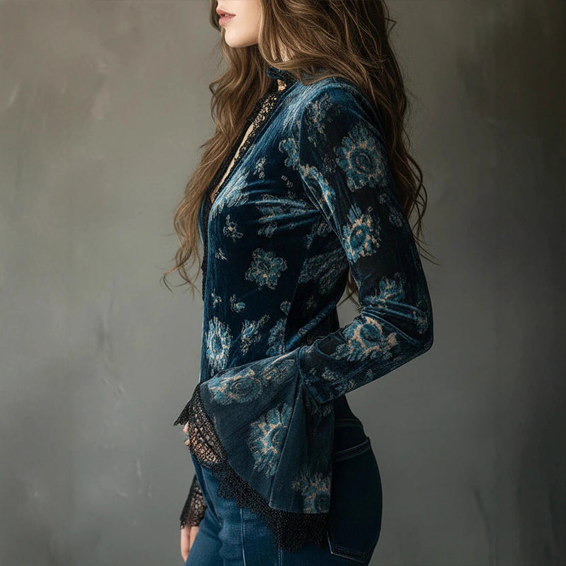 Women's Retro Floral Velvet V-Neck Blouse with Lace Bell Sleeves - Image 4