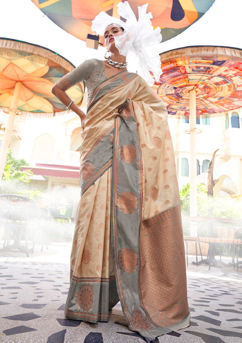 Regal Cream Katan Silk saree adorned with traditional gold zari weaving