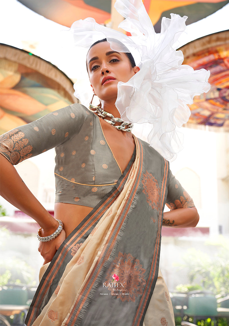 Cream Katan Silk Saree with Traditional Zari Weaving