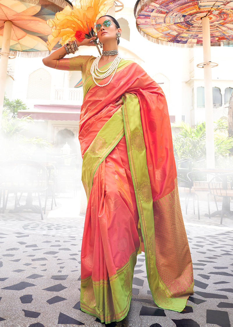 Classic peach Katan silk saree with Zari weaving, ideal for parties.
