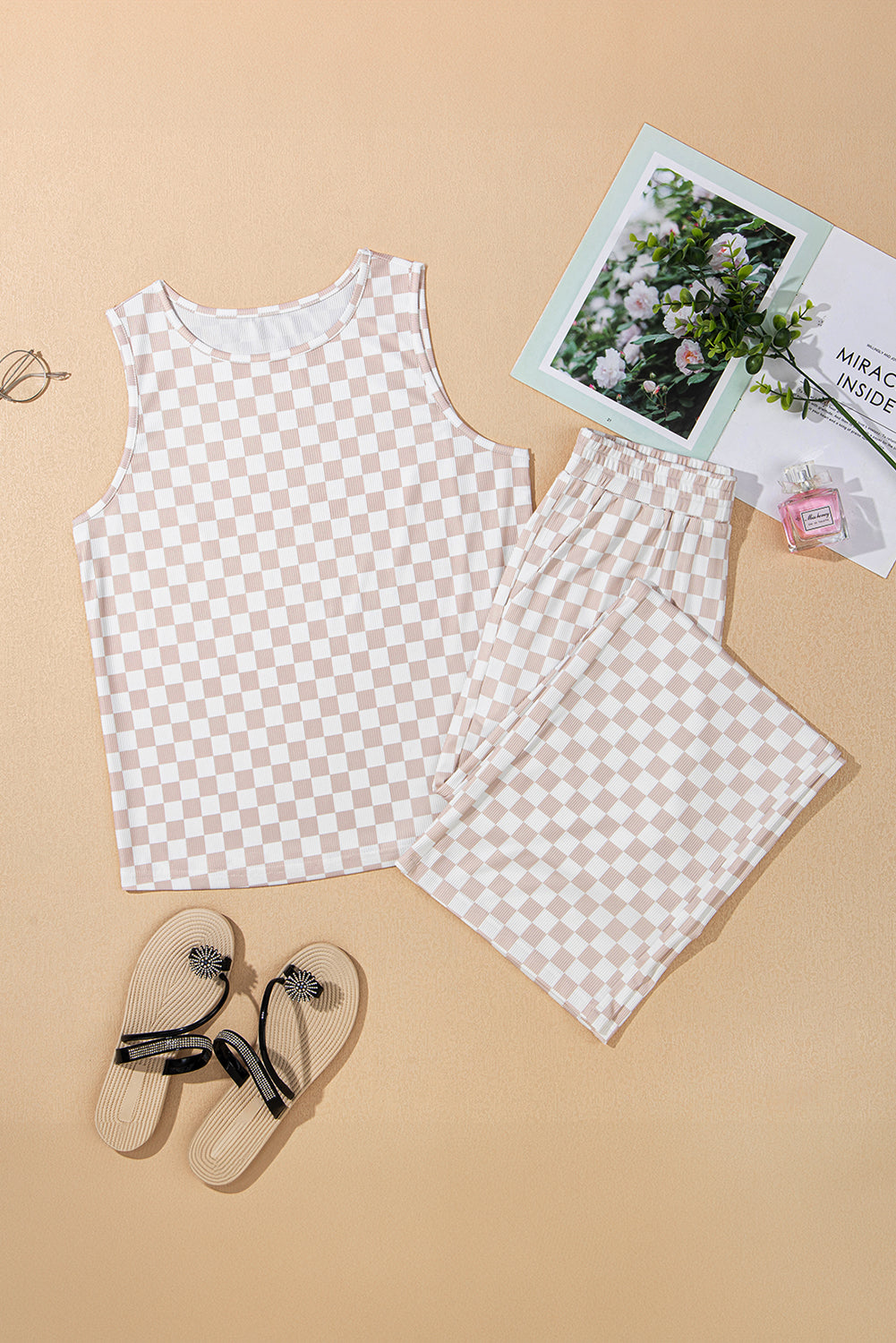 White Ribbed Tank and Wide Leg Checkered Print Lounge Set - Image 7