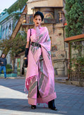 Pink katan silk classic party saree with zari weaving