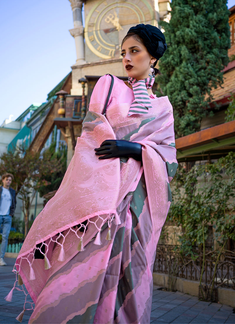 Pink Katan Silk Zari Weaving Classic Party Saree