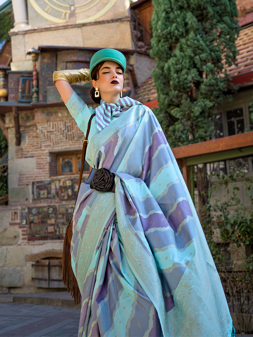 Aqua Blue Katan Silk Zari Saree for Ceremonial Wear