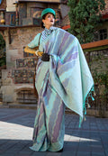 Aqua blue ceremonial katan silk saree with gold zari work
