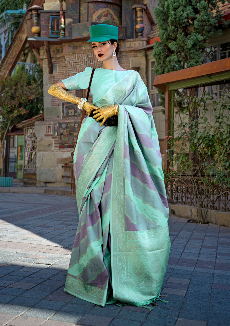 Sea Green Katan Silk traditional saree with intricate gold zari weaving patterns