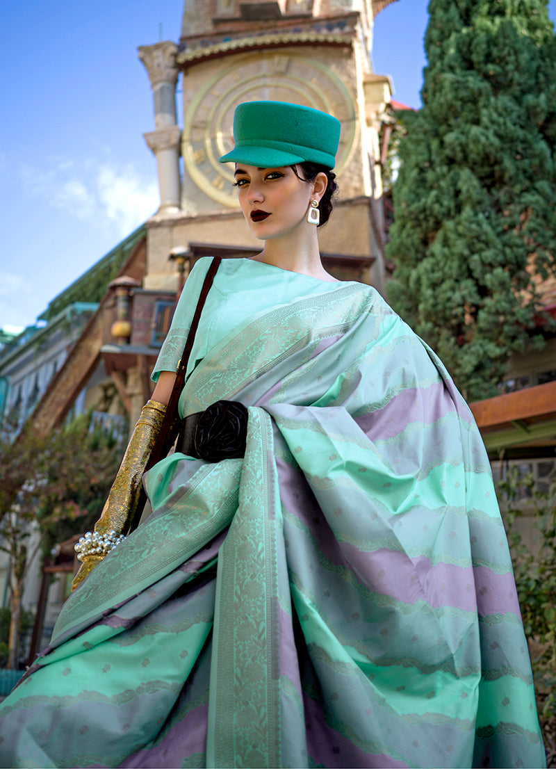 Sea Green Katan Silk Saree with Traditional Zari Weaving