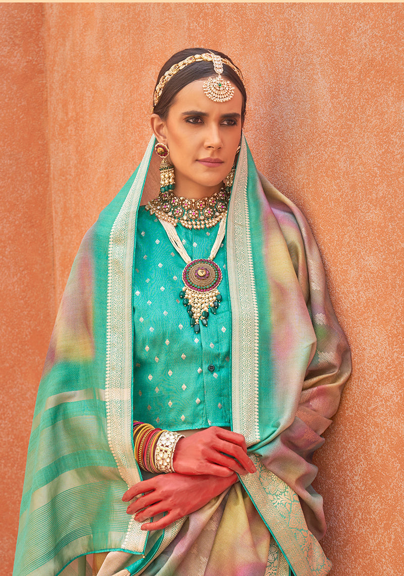 Turquoise Foliage Print Silk Saree for Festive Occasions