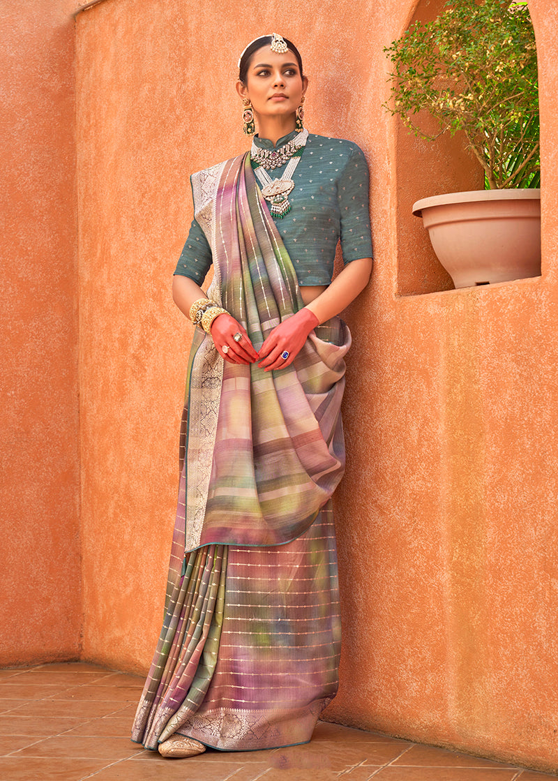 Multicolor silk saree featuring intricate foil print details, perfect for festive occasions