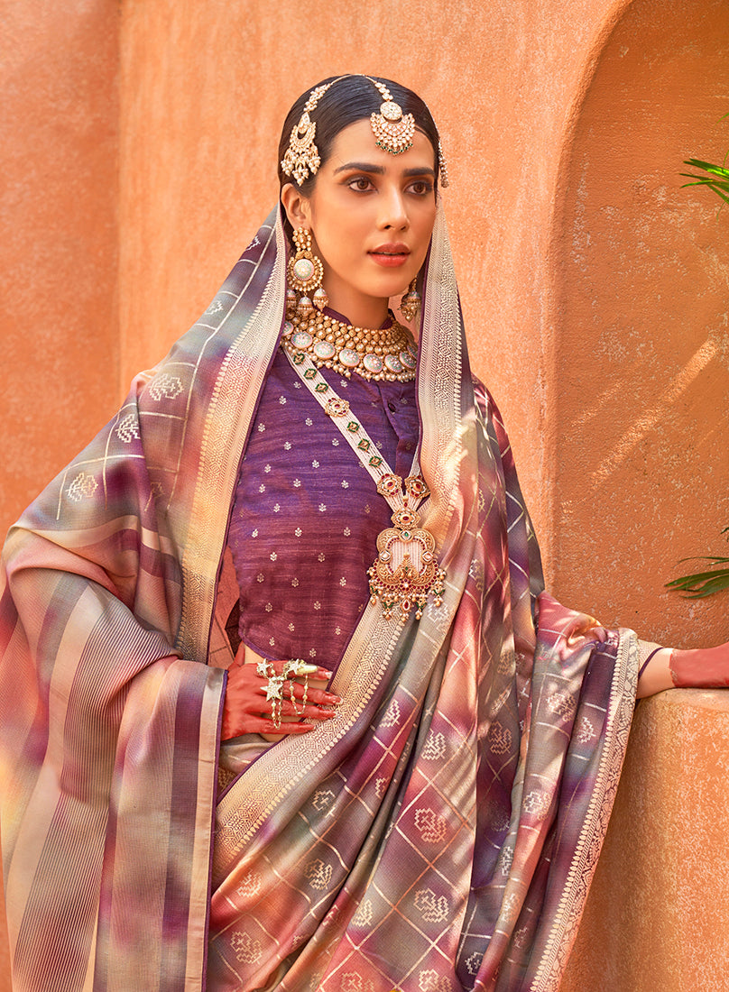 Multicolor Silk Geometric Foil Print Saree for Festive Occasions