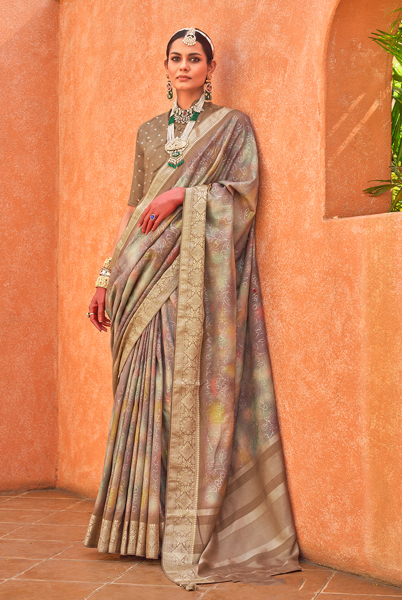 Light brown silk saree with festive foil print patterns