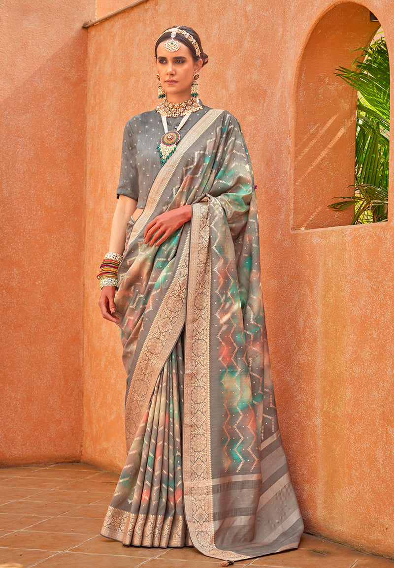 Trendy grey silk saree with shimmering foil print work