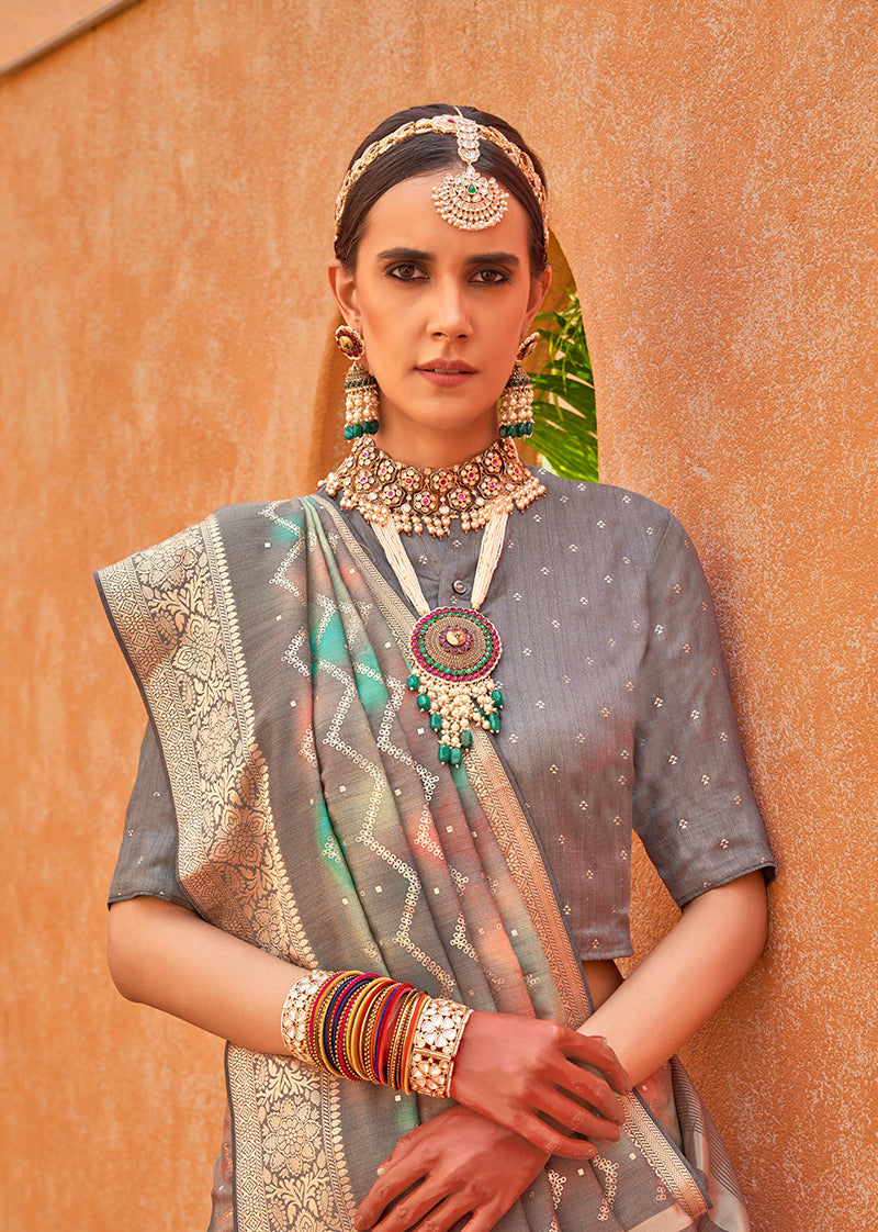 Grey Silk Foil Print Trendy Festive Saree