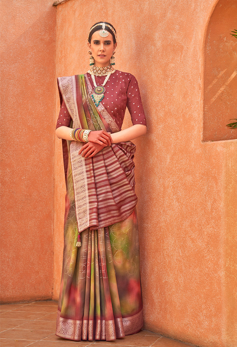 Contemporary multicolor silk saree with detailed foil print design