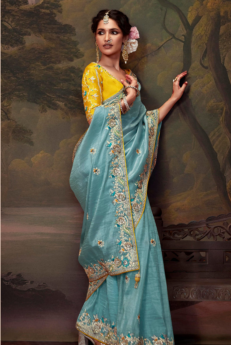 Aqua Blue Organza Saree with Embroidered Thread Work