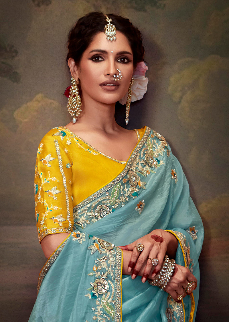 Aqua Blue Organza Saree with Embroidered Thread Work