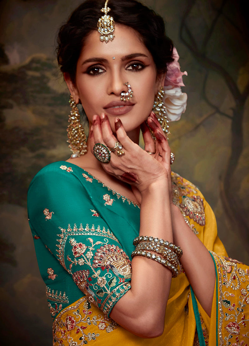 Mustard Organza Saree with Elegant Embroidered Thread Work