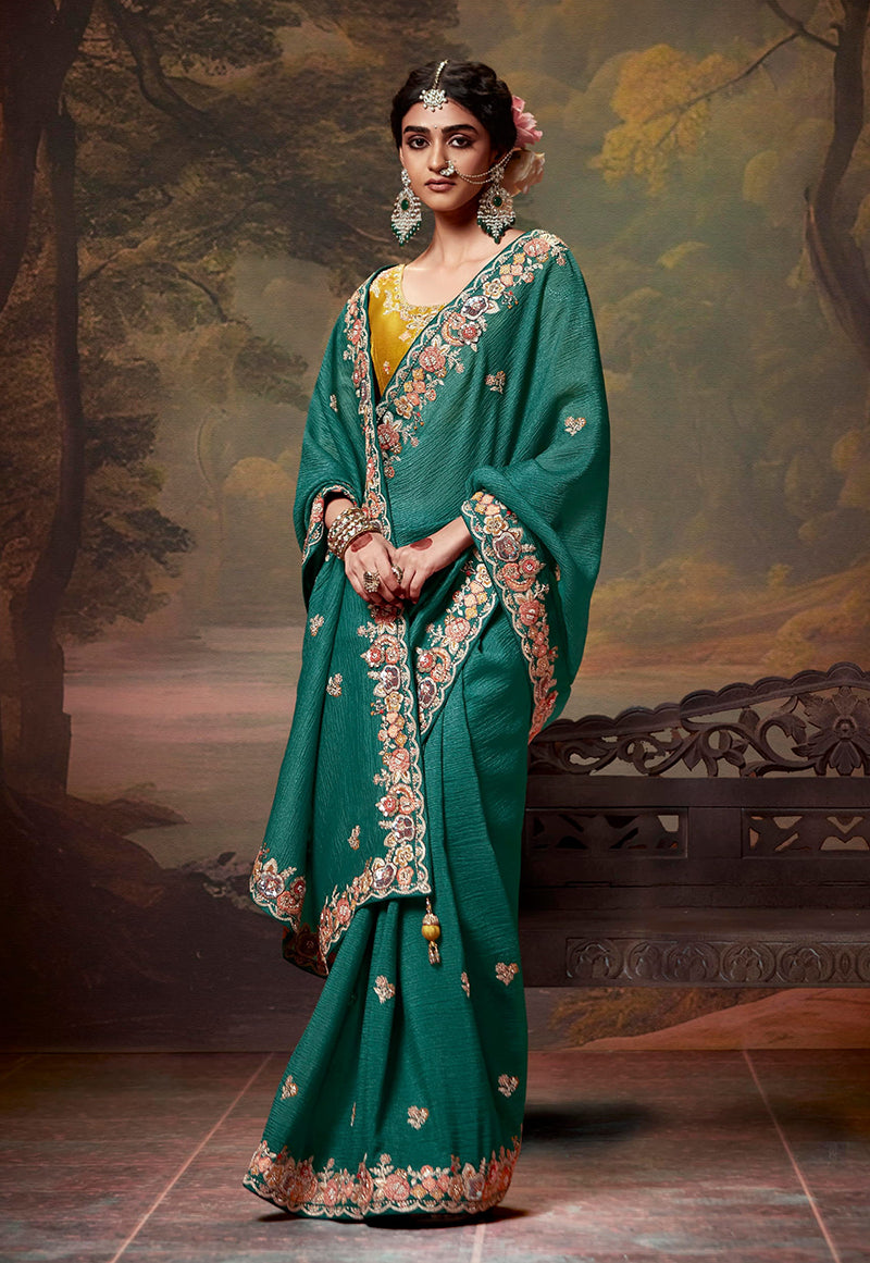 Teal Organza Saree with Intricate Thread Work Embroidery