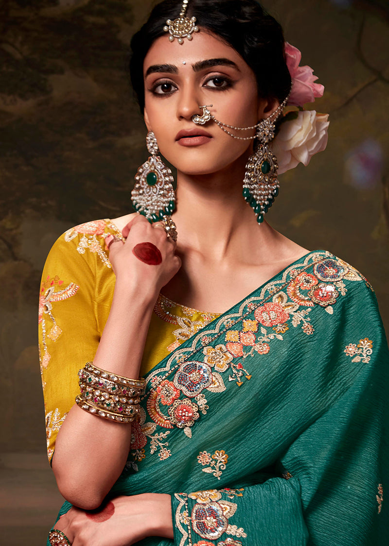 Teal Organza Saree with Intricate Thread Work Embroidery