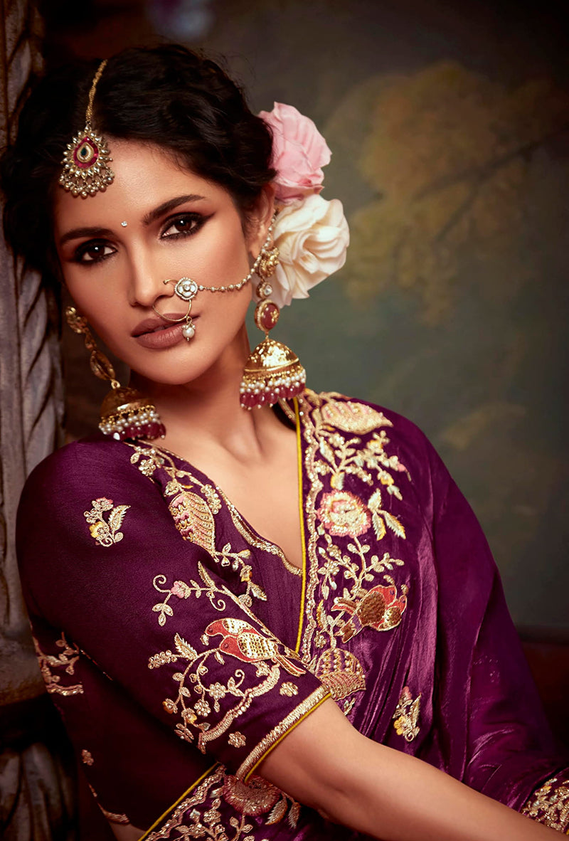 Burgundy Organza Saree with Traditional Thread Work