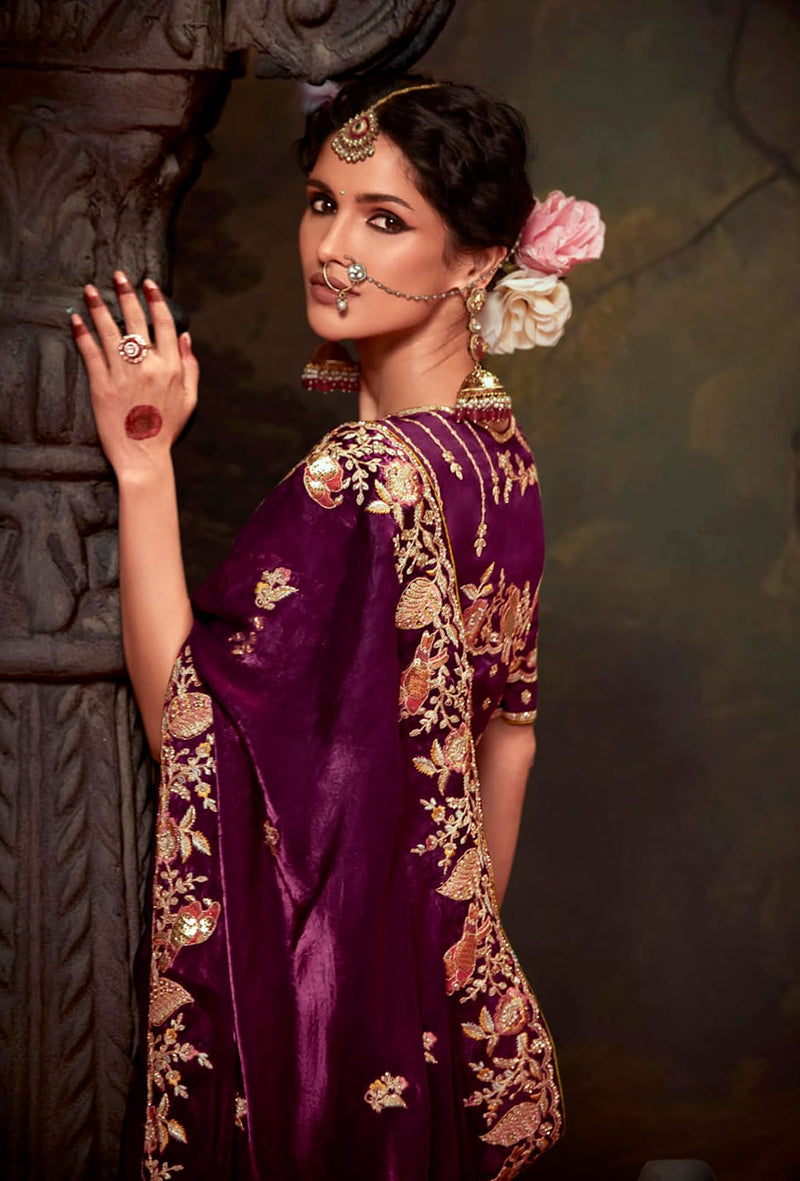 Burgundy Organza Saree with Traditional Thread Work