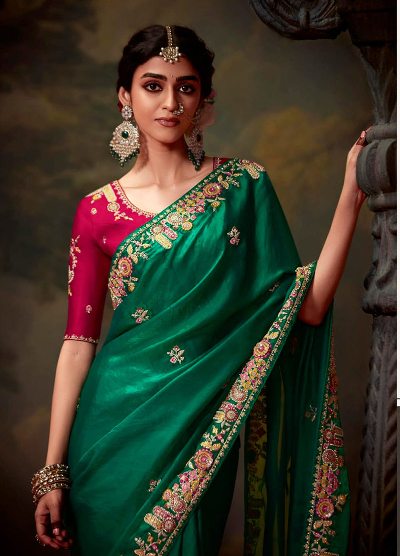 Green Organza Embroidered Thread Work Saree for Festive Wear