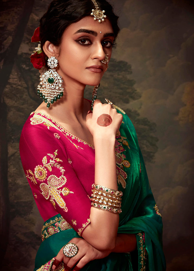 Green Organza Embroidered Thread Work Saree for Festive Wear