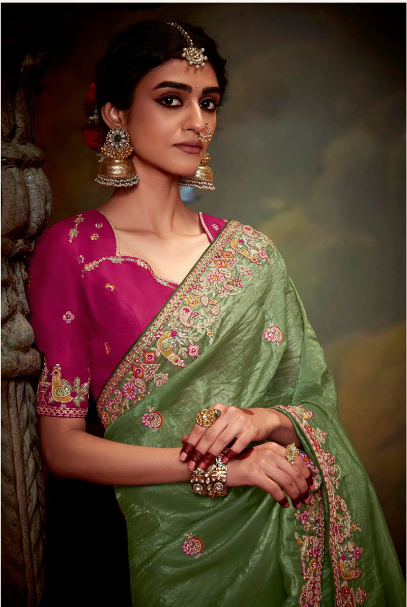 Light Green Organza Saree with Embroidered Thread Work