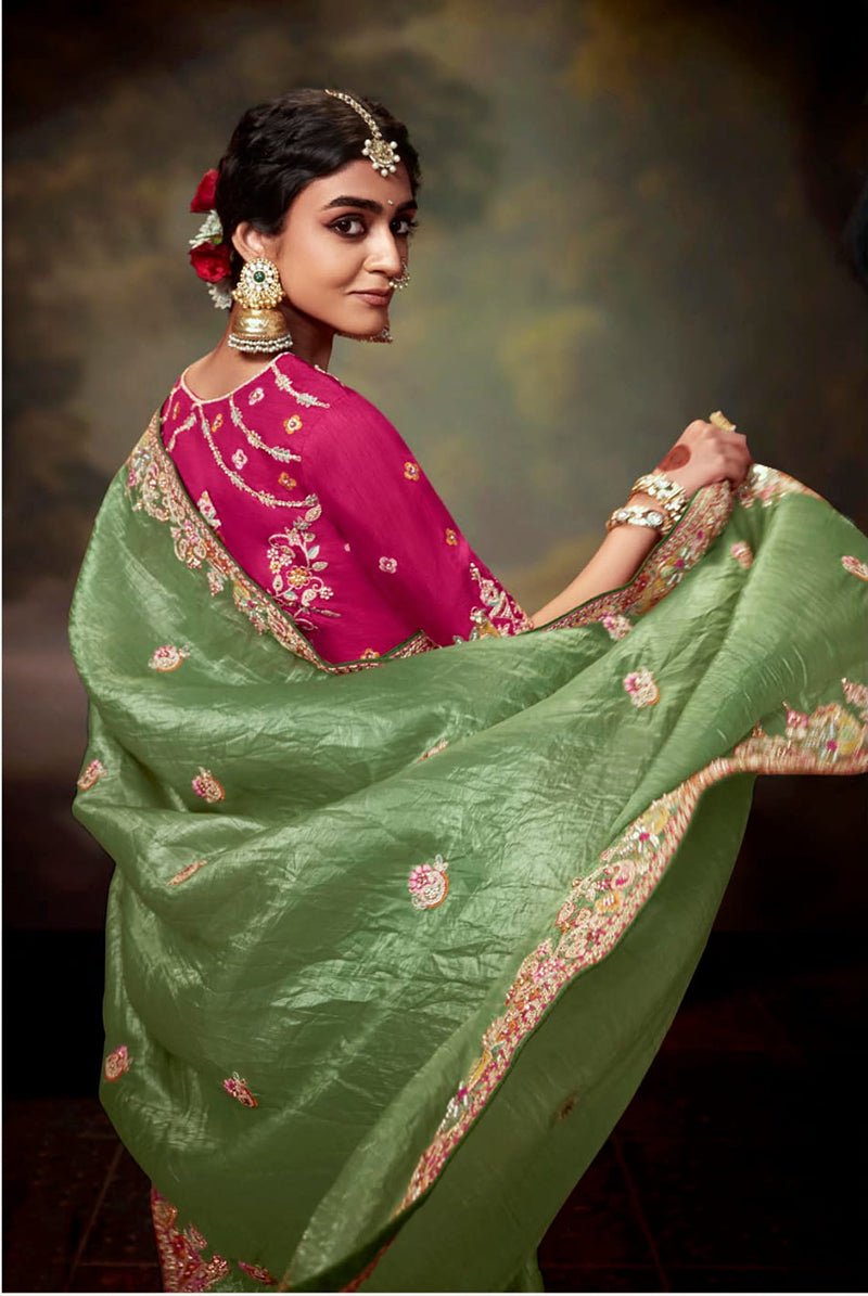 Light Green Organza Saree with Embroidered Thread Work