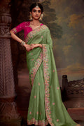 Light Green organza saree with intricate thread work