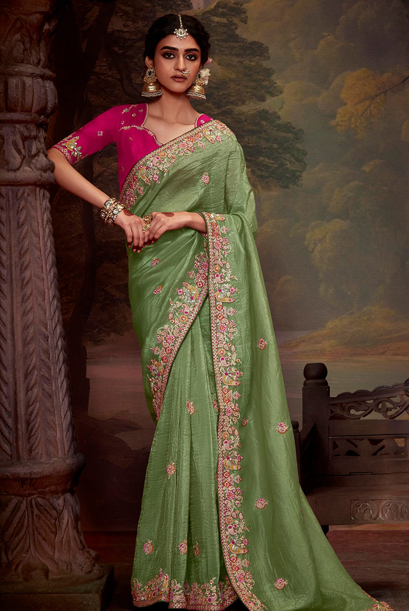 Light Green organza saree with intricate thread work