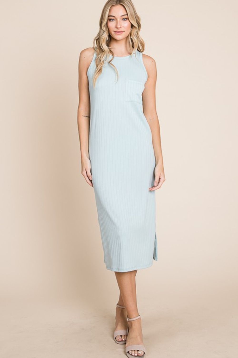 Light-Blue Ribbed Knit Sleeveless Midi Dress