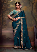 Dark Teal organza saree featuring intricate thread work embroidery