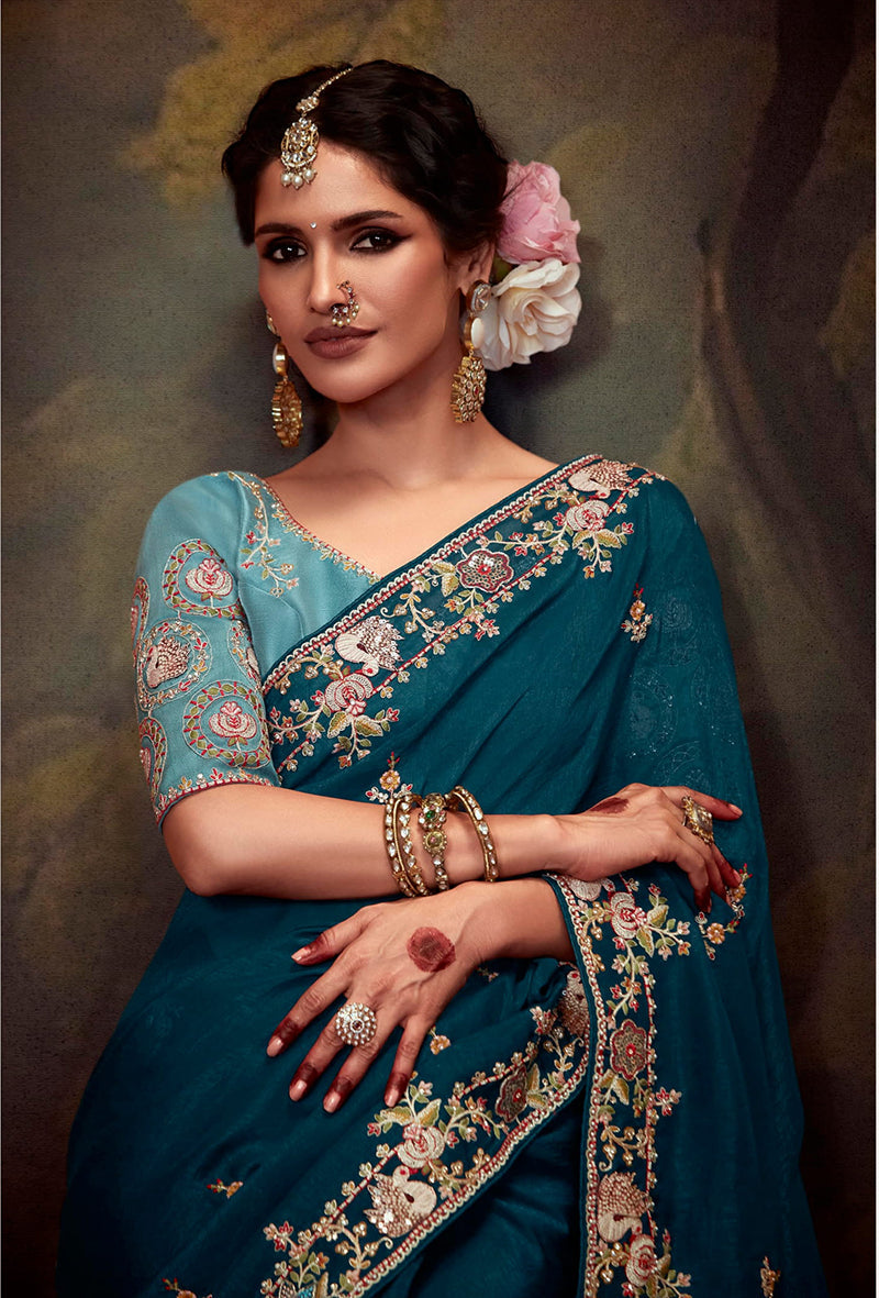 Dark Teal Organza Saree with Intricate Thread Work Embroidery