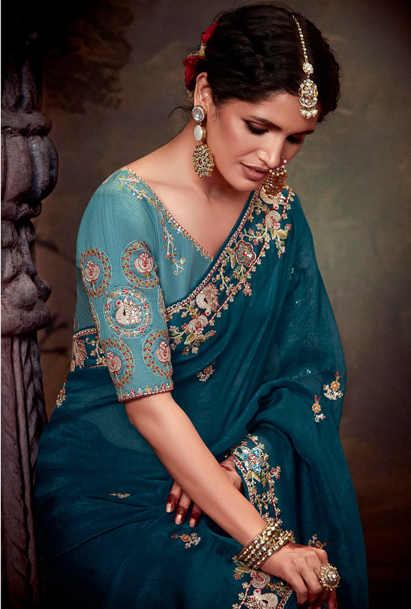 Dark Teal Organza Saree with Intricate Thread Work Embroidery