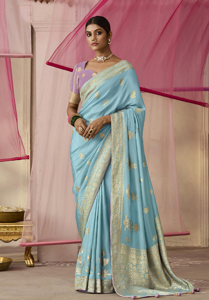 Aqua blue viscose saree with floral print and intricate weaving