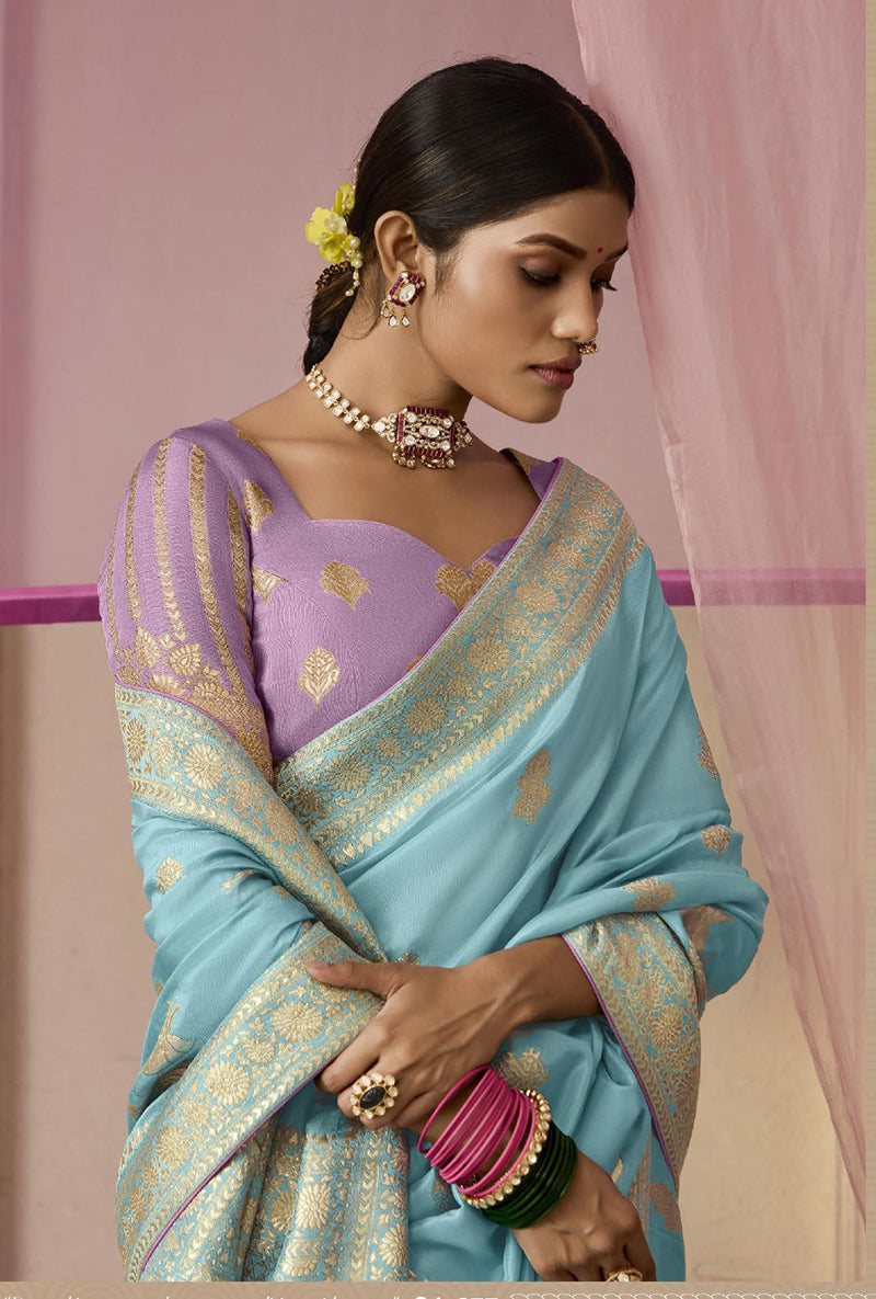 Aqua Blue Viscose Floral Printed Classic Saree with Weaving