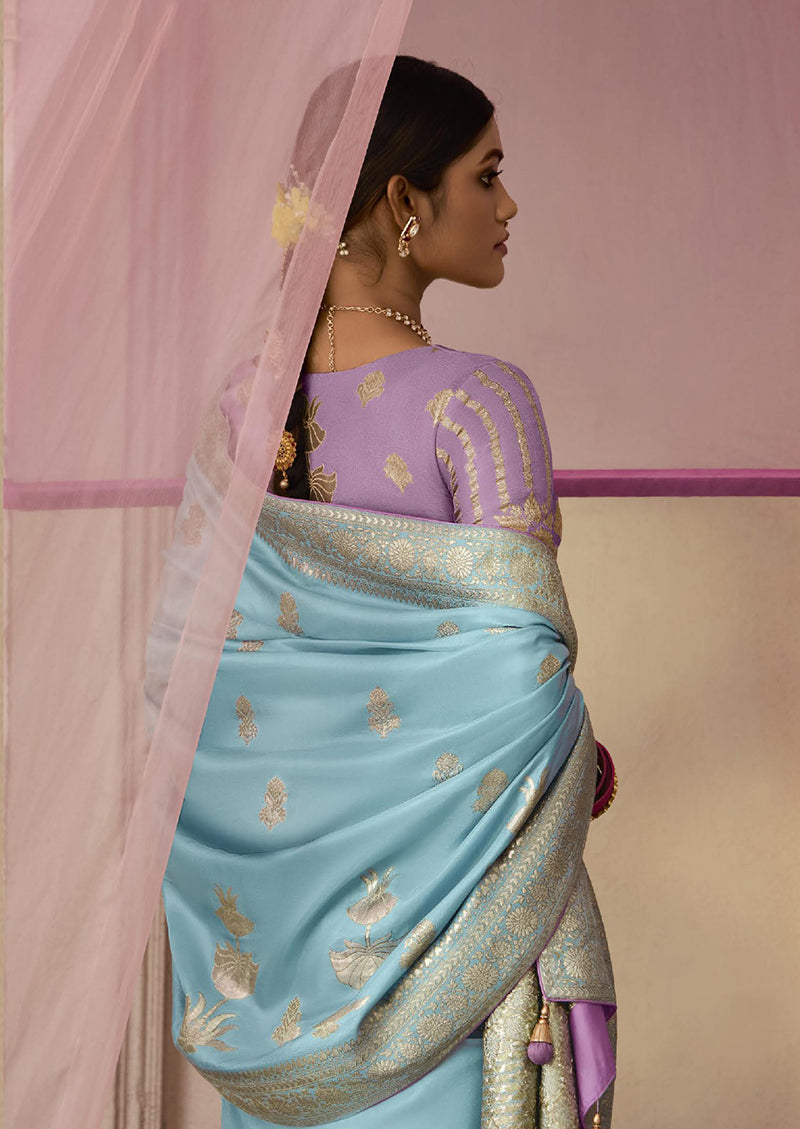 Aqua Blue Viscose Floral Printed Classic Saree with Weaving